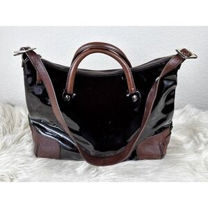 Kate Spade Black Patent Leather Satchel Brown Trim Gold Hardware Tote Bag Chic